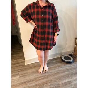 Red Black Plaid Flannel Shirt Dress Long Sleeve Button Down XL Grunge Streetwear